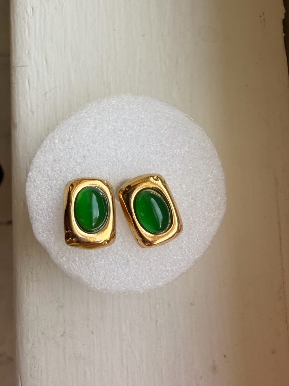 Source Unknown Gold-Plated Earrings with Green Cabochon